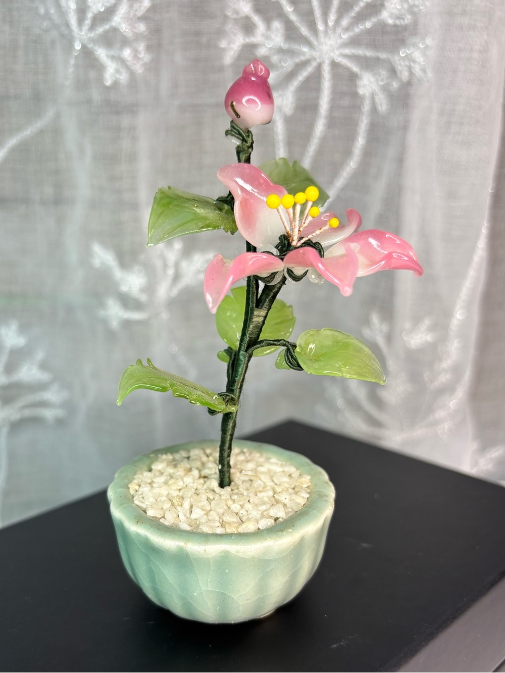 VTG Handcrafted Glass Bonsai Tree ft. Pink flowers Green Leaves in Ceramic Pot